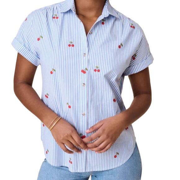 UNTUCKit Tops - Embroidered Cherry Stripe Button Down Shirt Women's Medium Fruitcore Coquette